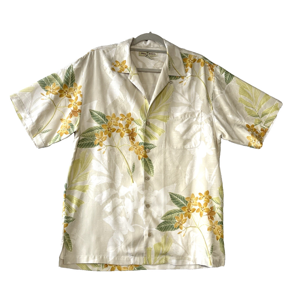 Tommy Bahama Shirt Mens Small Cream Silk Hawaiian Camp Shirt Gold Plumeria
